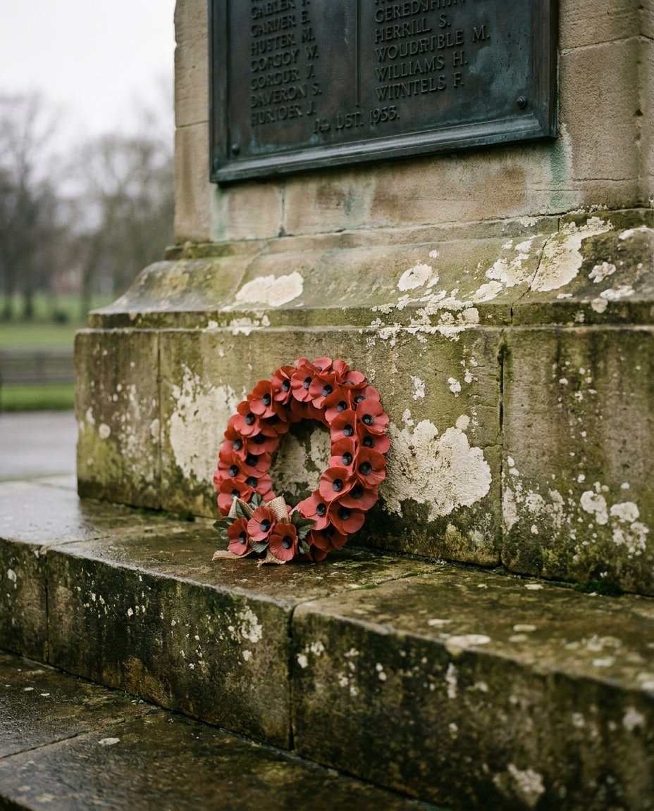 The base of the Huddersfield Cenotaph with a single wreath of red poppies and a bronze name plate