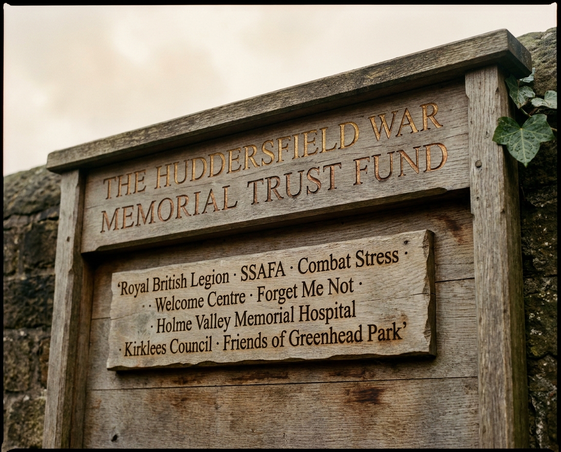 A wooden notice-board outside a Holmfirth parish hall carrying the trust's name routed in gold lettering and listing partner organisations beneath