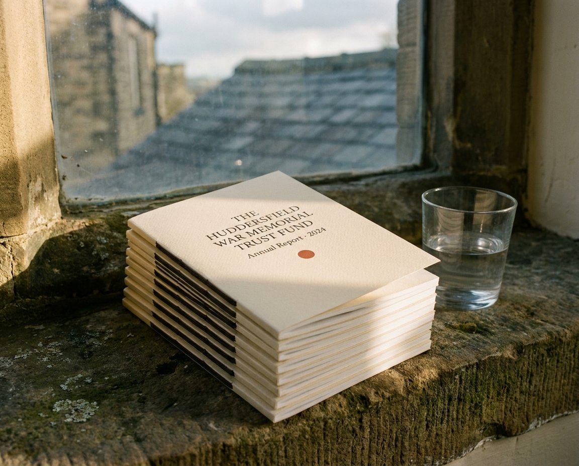 A small stack of bound annual reports on a Yorkshire stone windowsill with afternoon light falling across the top cover