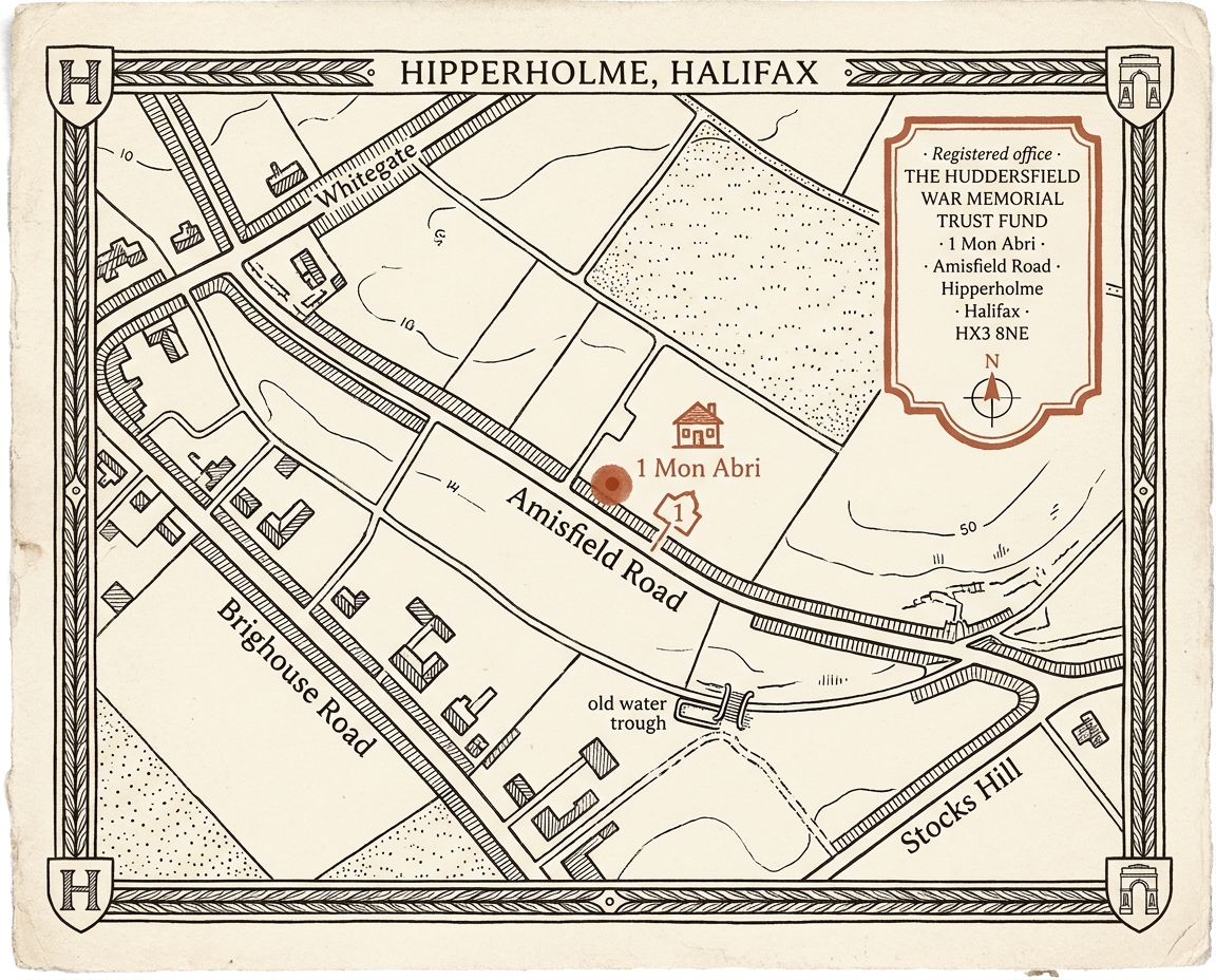 An illustrated black-and-cream map of Hipperholme, Halifax, marking the registered office of the trust on Amisfield Road