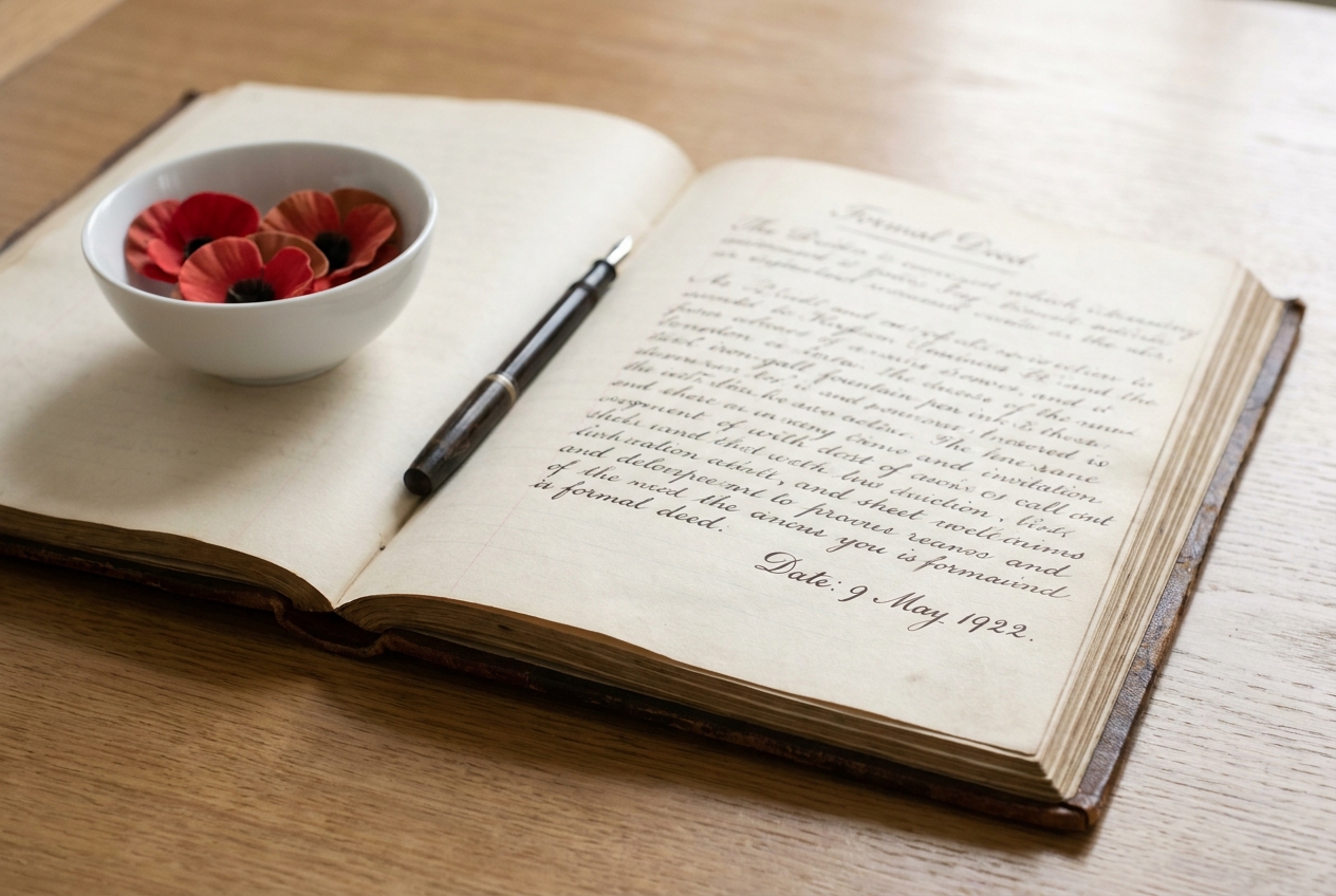An open ledger book showing the trust's hand-written Declaration of Trust from 1922, with a fountain pen and a small bowl of poppies beside it on a polished oak table