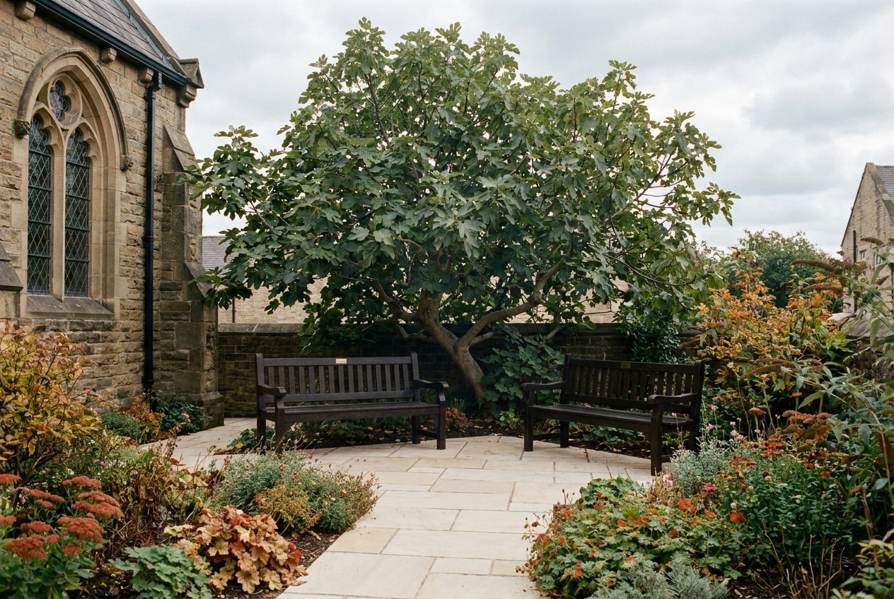 The courtyard chaplaincy garden behind the chapel at Huddersfield Royal Infirmary on Acre Street, a fig tree, two wheelchair-accessible wooden benches and resurfaced path