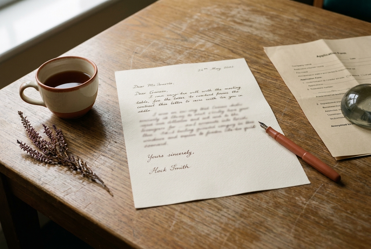 A pair of trustees reading a hand-written reply letter at a wooden table, fountain pen at rest beside a porcelain teacup