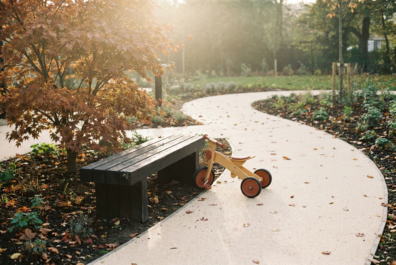 A newly resurfaced play garden at Forget Me Not Children's Hospice in Brighouse, with a small wooden bench and a tricycle beside a low maple in autumn