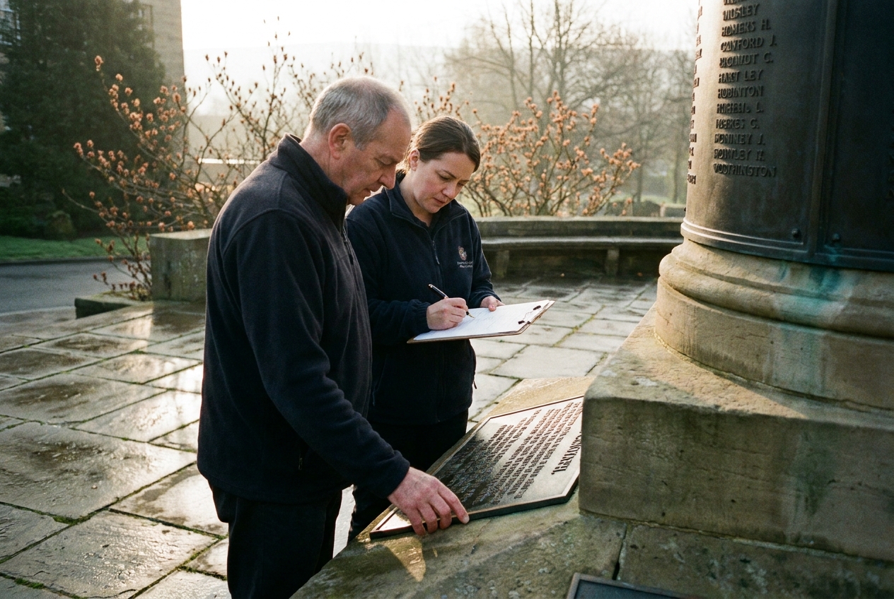 Two volunteers in paired roles at the foot of the Cenotaph, one reading inscribed names aloud while the other ticks them off on a clipboard