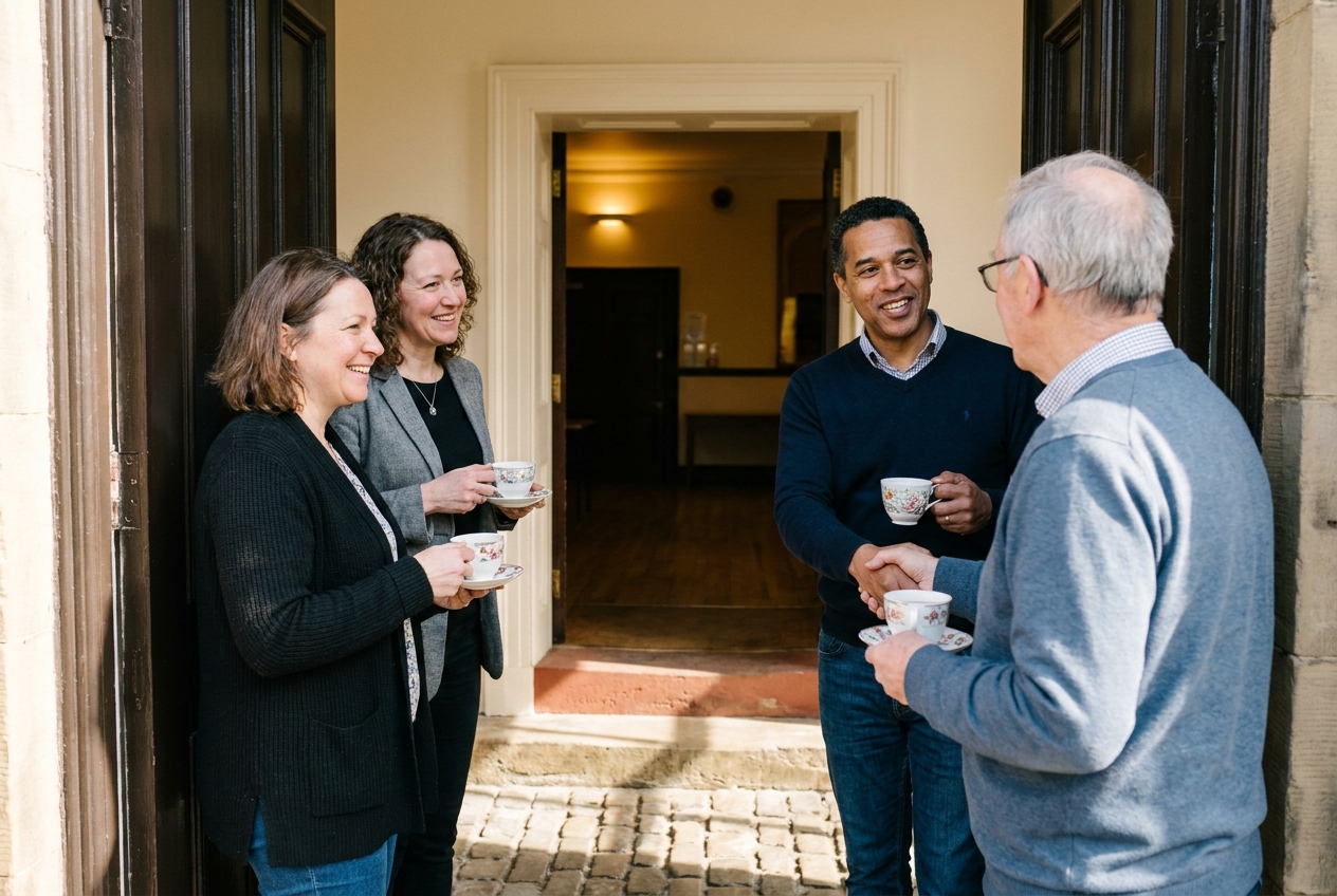 Three new trustees being welcomed in the doorway of Holmfirth Civic Hall, holding cups of tea and shaking hands