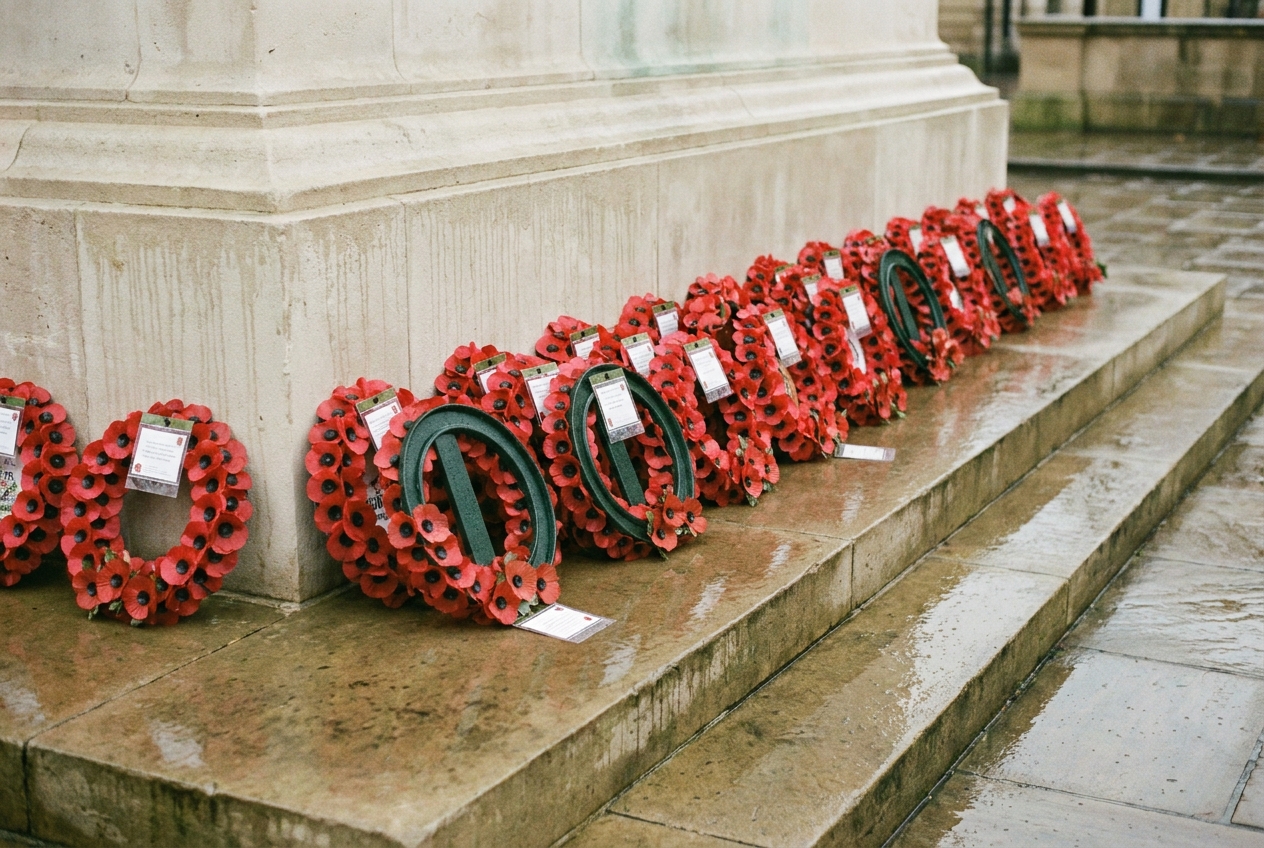 A long line of laid wreaths in red poppies arranged in civic order at the base of the Huddersfield Cenotaph after the 2024 service