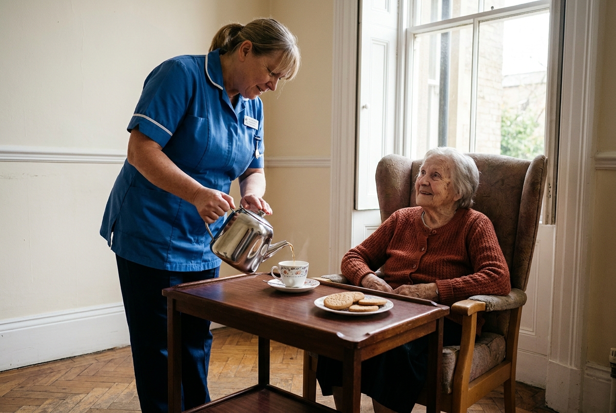 A nurse pouring tea in the day-room of Holme Valley Memorial Hospital in Holmfirth, an elderly patient seated in an armchair by the window