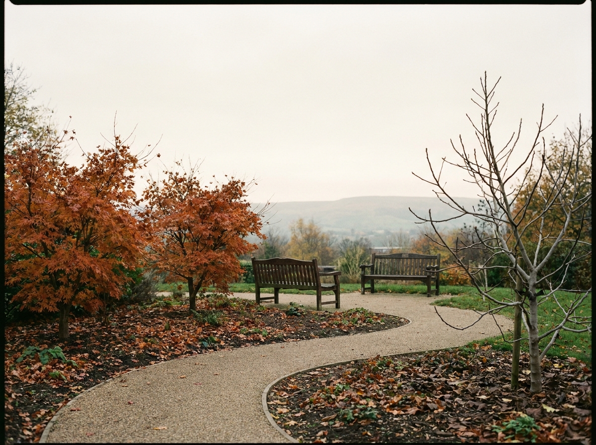A hospice garden in Brighouse with a Pennine horizon and a single wheelchair-accessible path winding through autumn planting