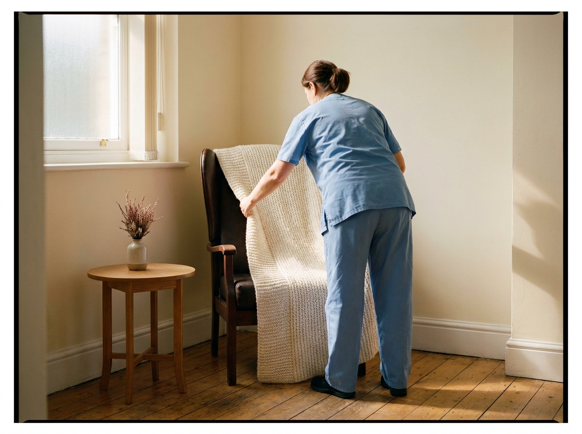 A nurse arranging a hand-knitted blanket on a wing-back armchair in a quiet day-clinic at Huddersfield Royal Infirmary on Acre Street