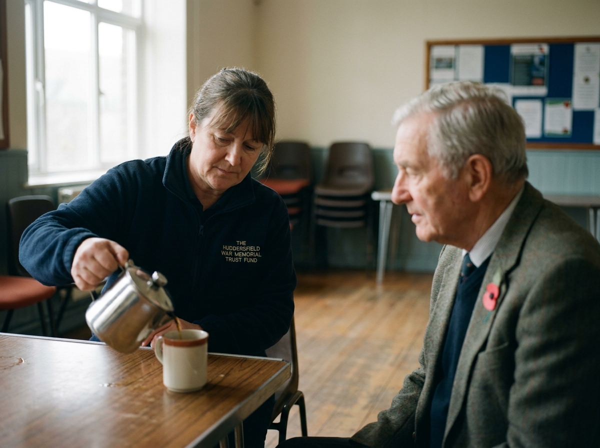A volunteer in a navy fleece embroidered with the trust's name pouring tea for a veteran at a community hall table in Marsden
