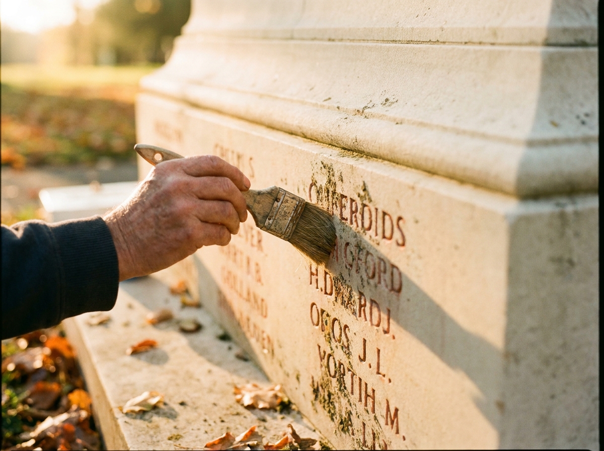 A conservator brushing lichen from inscribed names on the Huddersfield Cenotaph drum, autumn light from the west