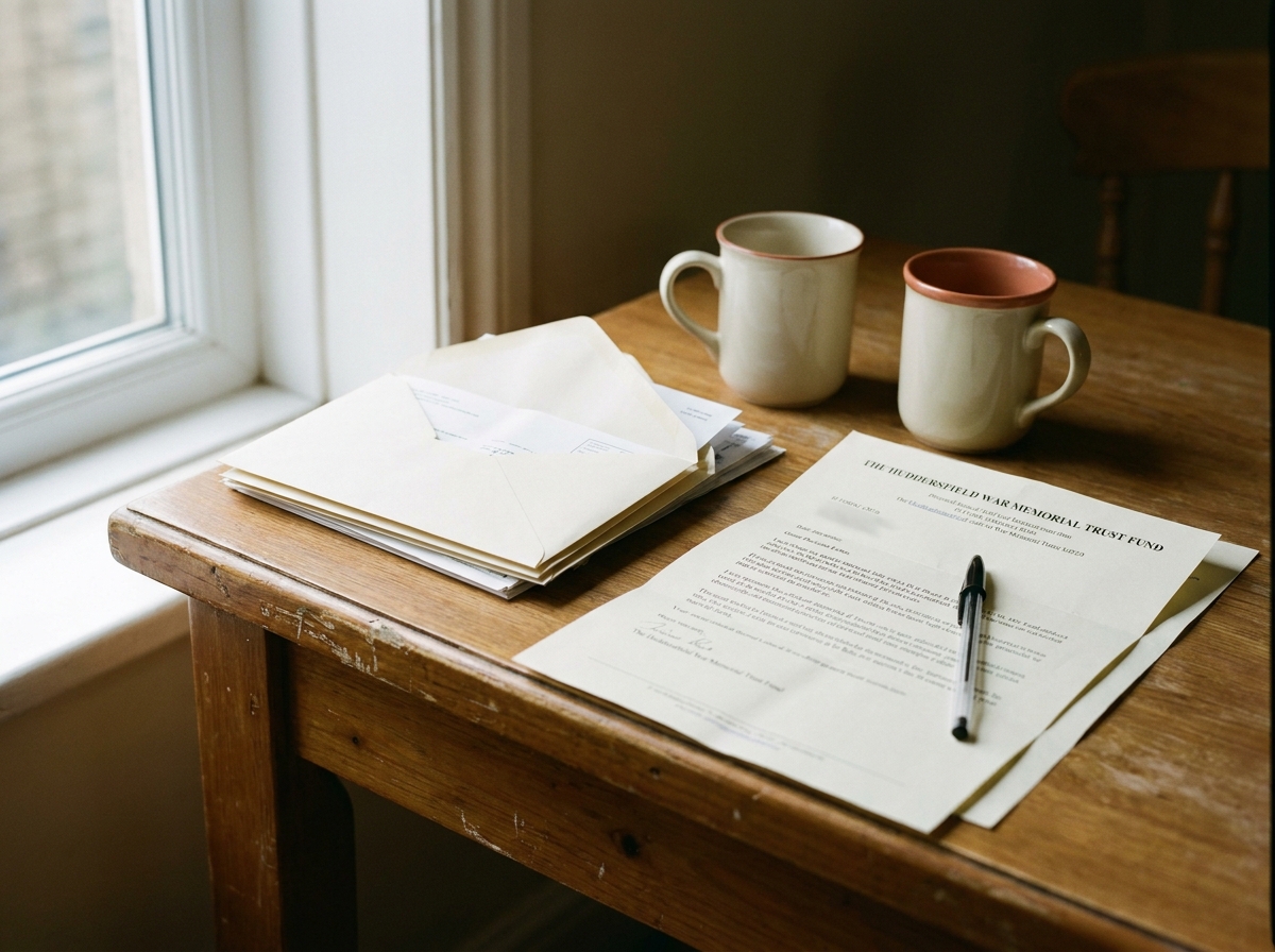 A kitchen table in a small terraced house in Marsden with a stack of envelopes, two tea mugs, and a hand-written grant decision letter from the trust