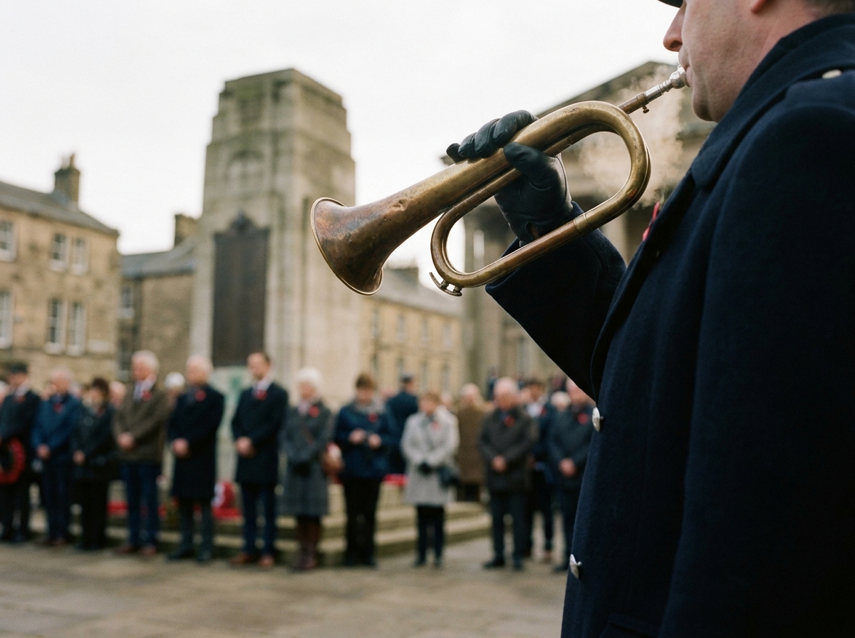 A bugler in a navy greatcoat playing the Last Post at the Huddersfield Cenotaph on Remembrance Sunday, a crowd of small figures gathered in respectful silence