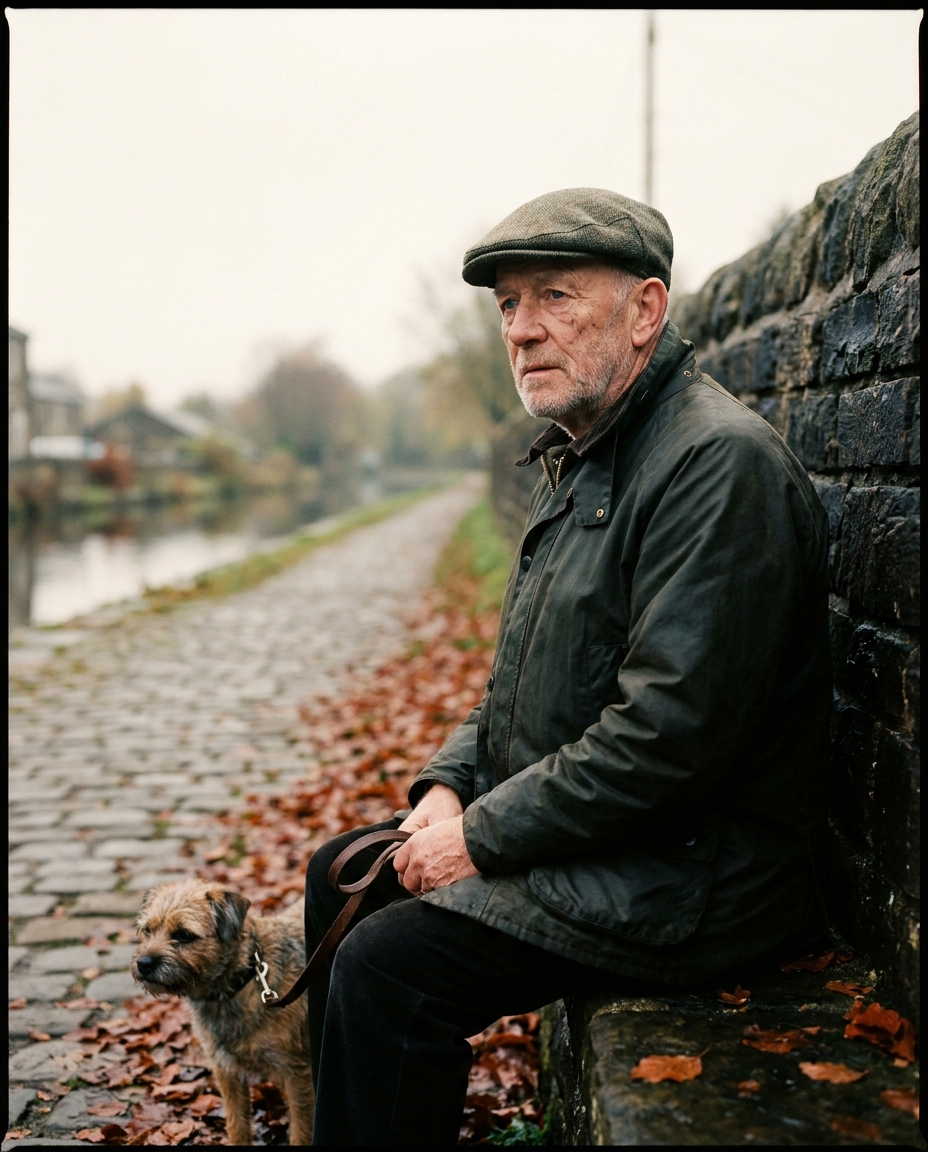 Derek, a former rifleman, sitting on a low wall on the Holme Valley towpath with his terrier