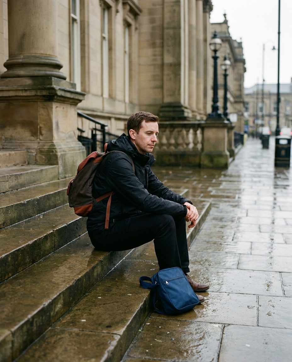James, in his early thirties, sitting on the steps of Huddersfield Library with a school uniform bag at his feet