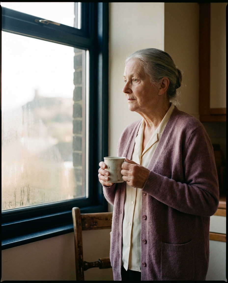 Margaret in her kitchen in Almondbury, holding a mug, looking out of the window towards Castle Hill