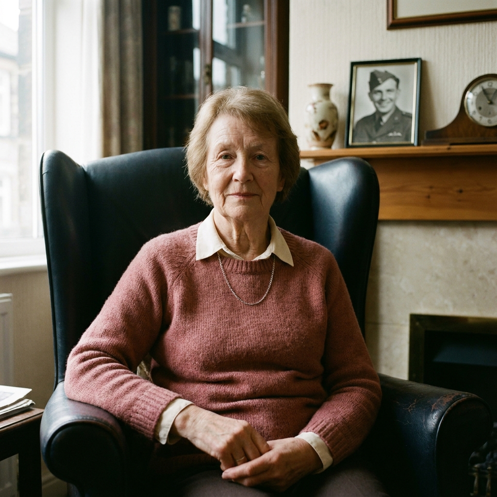 Anne, 71, a Marsden widow, in the front parlour of her terraced house, with a framed photograph of her late husband on the mantelpiece