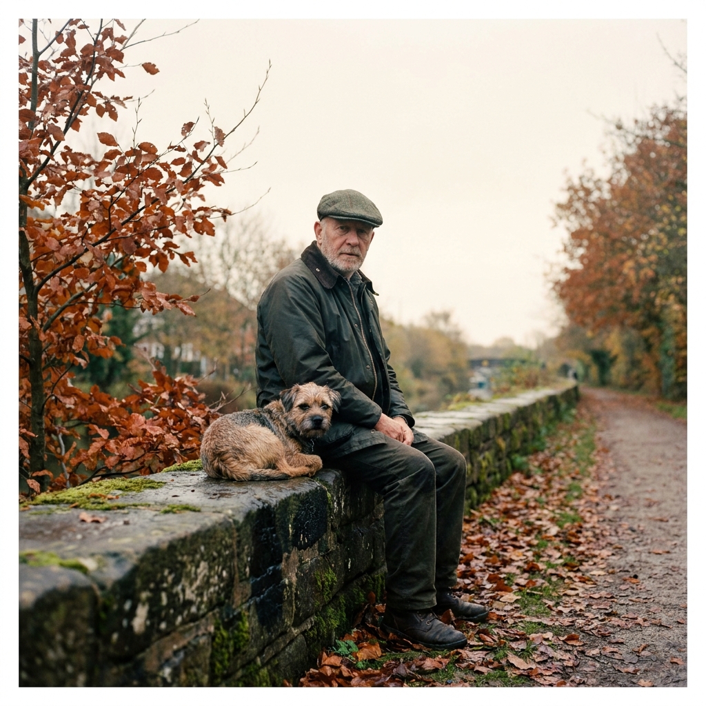 Derek, 67, a former rifleman, sitting on a stone wall along the Holme Valley towpath with his terrier
