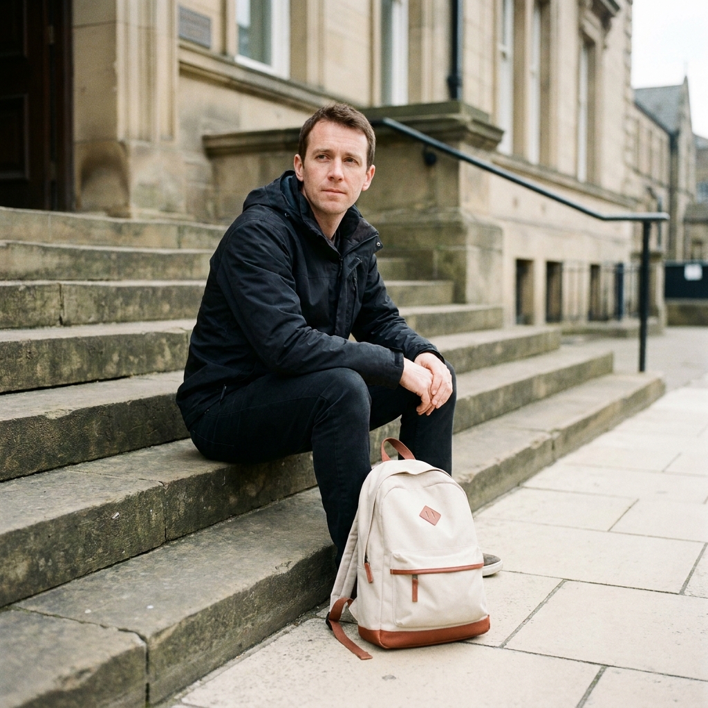 James, 34, sitting on the steps of Huddersfield Library with a school uniform bag at his feet