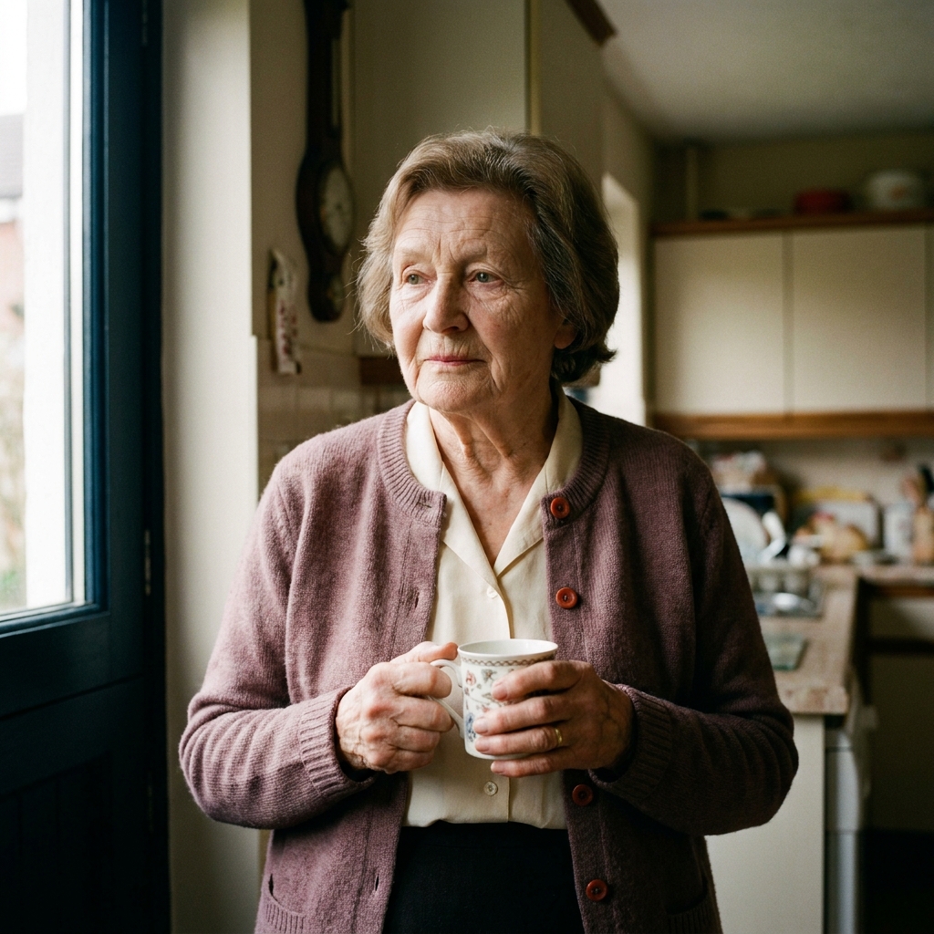 Margaret, 78, in her kitchen in Almondbury holding a mug, with afternoon light from the window to her left