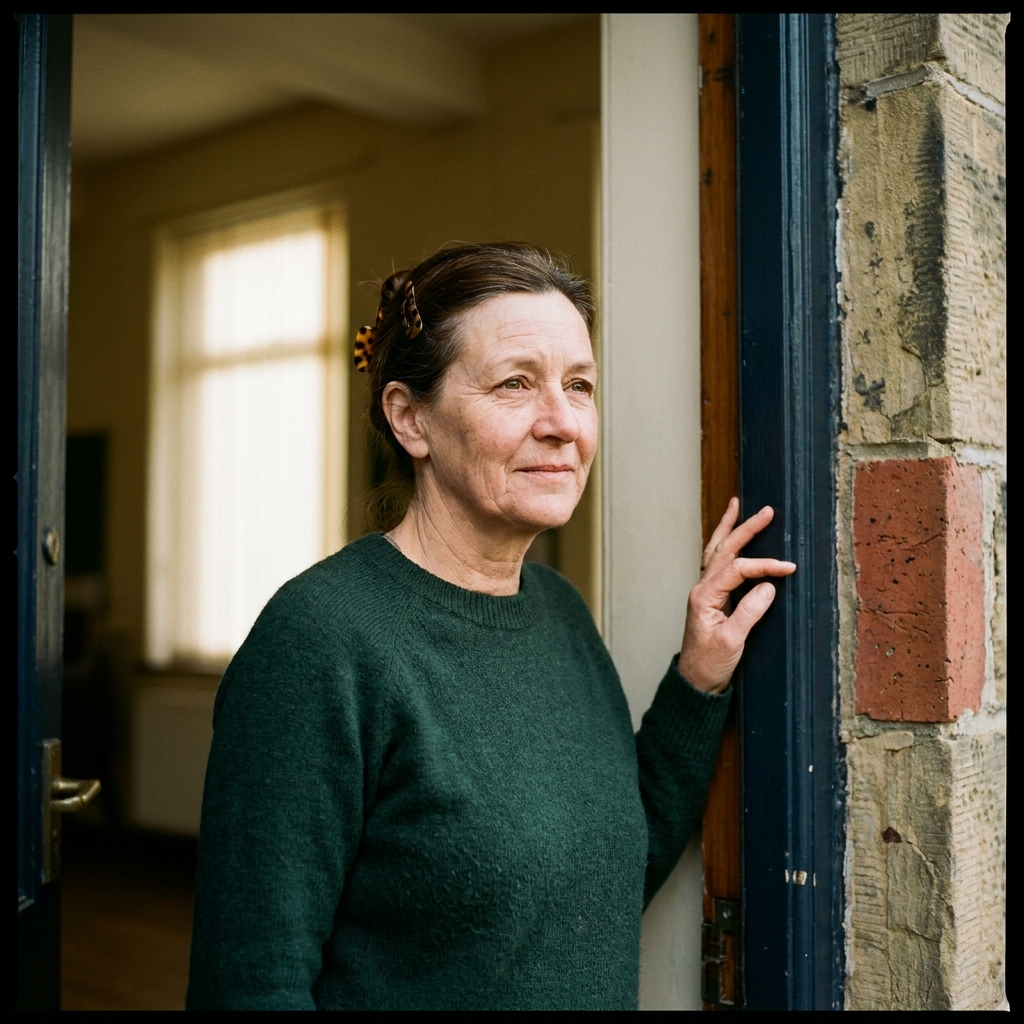 Amanda Mohr, trustee, photographed in the doorway of a Huddersfield community hall