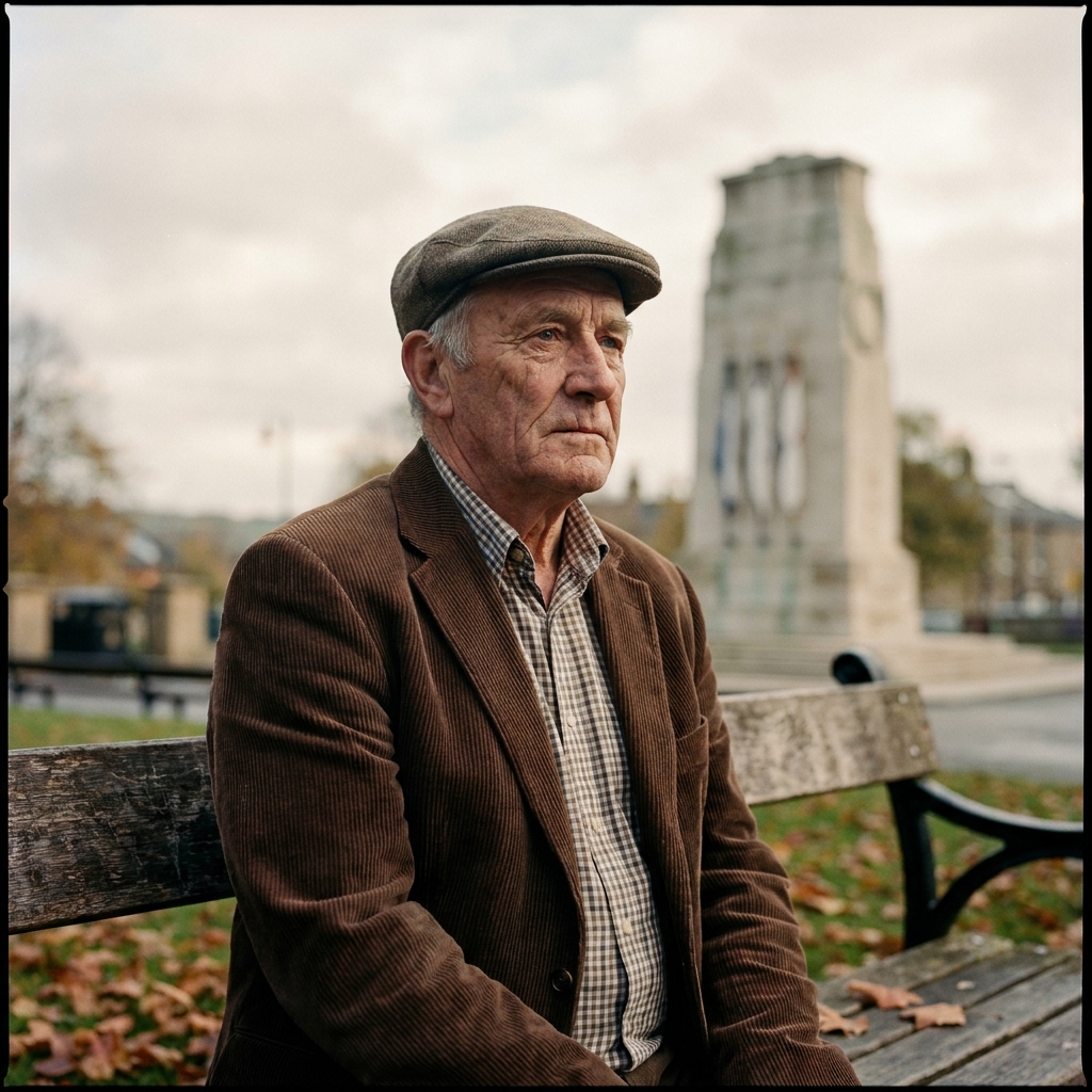 Jim Dodds, long-standing trustee, sitting on a bench in Greenhead Park with the Memorial in the distance