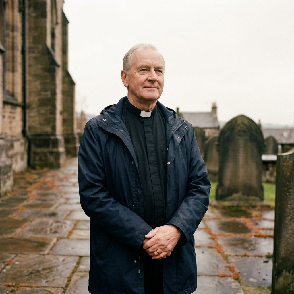 The Reverend Dr Paul T Wilcock BEM, trustee, in a clerical collar in a stone-flagged churchyard